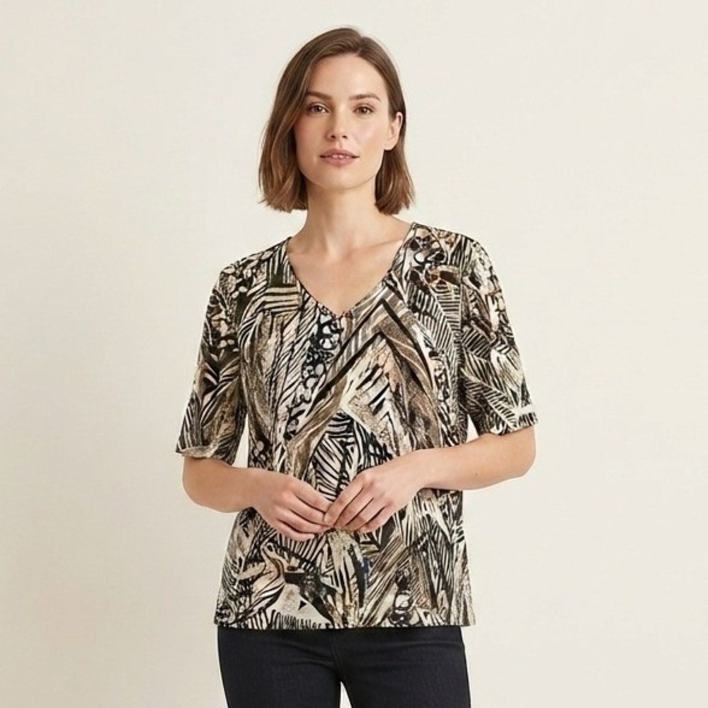 Chico's Abstract Geometric Botanical Print V-Neck Short Sleeve Top Sz 2 L Casual